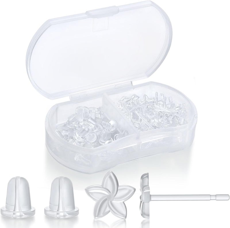 Formulen Plastic Earrings Backs with Earring Post, Clear Earrings Backs Post for Sports and Work, 10 PCS Invisible Star Plastic Earring Backs Post For Sensitive Ears with 10 PCS Silicone Earring Backs - Image 1
